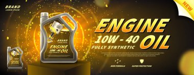 Motor yağı reklam pankartı. Parlak arka planda kaidesi olan gerçekçi yağ tüplü vektör illüstrasyonu. 3d reklam şablonu.