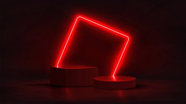 Temelli soyut neon pankart. Kırmızı neon kareli 3D podyum. Terfi malları için soyut bir geçmiş. Boş boşluklu vektör illüstrasyonu. Minimum konsept afişi. Model şablonu.