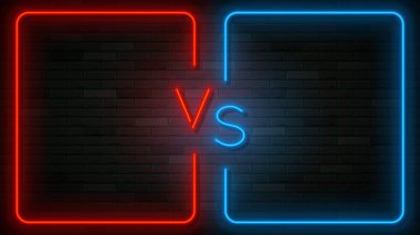 Neon Versus etiket şablonu. Parlak neon çerçeveli vektör çizimi. Koyu tuğlalı duvarda VS sembolü.