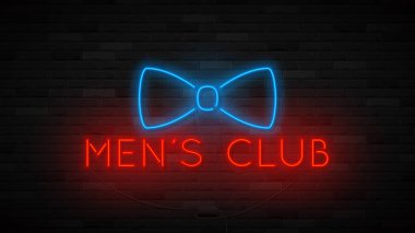 Neon Erkekler Kulübü 'nün sembolü. Parlak papyonlu parlak etiket. Striptiz kulübü konsepti simgesi koyu tuğla duvarda izole edilmiş. Vektör illüstrasyonu.