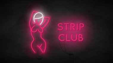 Striptease club neon sign. Neon silhouette of naked girl. Bright label with woman body. Strip bar concept icon isolated on dark concrete wall. Vector illustration. Adult show. clipart