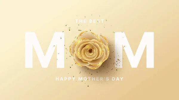 Happy Mother\'s Day card. Holiday greeting card with realistic 3d gentle flower with golden sand. Vector illustration with paper rose and gold confetti.