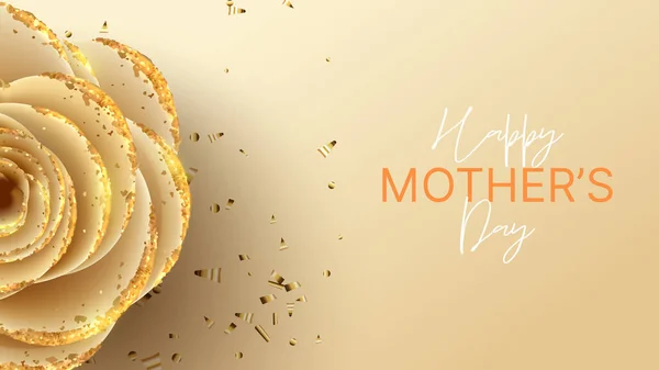 Happy Mother\'s Day banner. Holiday greeting card with realistic 3d gentle flower with golden sand. Vector illustration with paper rose and gold confetti.