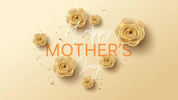 Happy Mother\'s Day banner. Holiday greeting card with realistic 3d gentle flowers with golden sand. Vector illustration with paper roses and gold confetti.