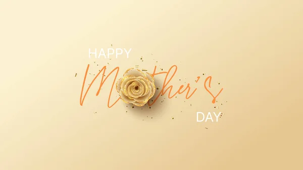 Happy Mother's Day card. Holiday greeting card with realistic 3d gentle flower with golden sand. Vector illustration with paper rose and gold confetti.