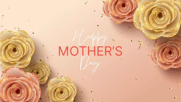 Happy Mother\'s Day banner. Holiday greeting card with realistic 3d gentle flowers with golden sand. Vector illustration with paper roses and gold confetti.