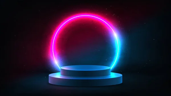 stock vector Abstract neon background with pedestal. 3d podium with pink and blue neon circle. Dark background for promotion goods. Vector illustration with blank space. Minimal concept banner. Mockup template.