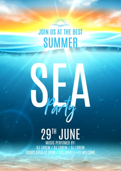 Summer Sea Party Poster Template Vector Illustration Deep Underwater Ocean — Stock Vector