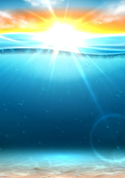 日の出と夏の海のバナー 海底に貝殻が描かれた深海シーンのベクトルイラスト 日没や日の出と現実的な海の風景 — ストックベクタ