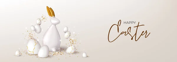 复活节快乐横幅模板 喜庆的背景是金耳金兔 白蛋和金冠 矢量插图与3D装饰对象 问候语 — 图库矢量图片