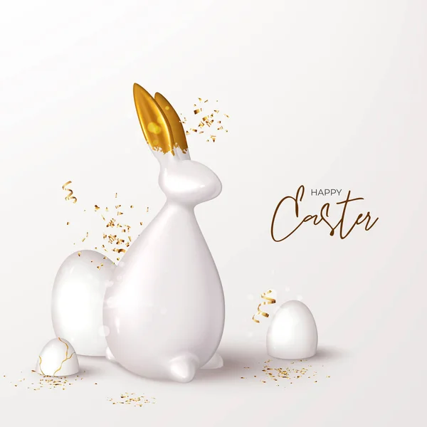 复活节快乐卡片模板 喜庆的背景是金耳金兔 白蛋和金冠 矢量插图与3D装饰对象 问候语 — 图库矢量图片