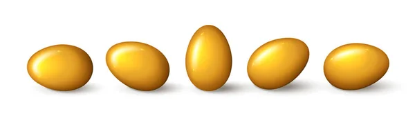 一套现实的金蛋白色背景 现实的金蛋在不同的位置 复活节设计中带有3D装饰物的矢量图解 — 图库矢量图片
