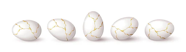 Conjunto Huevos Blancos Realistas Con Líquido Dorado Huevos Blancos Realistas — Vector de stock