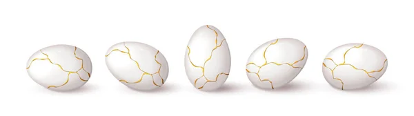 Conjunto Huevos Blancos Realistas Con Líquido Dorado Huevos Blancos Realistas — Archivo Imágenes Vectoriales