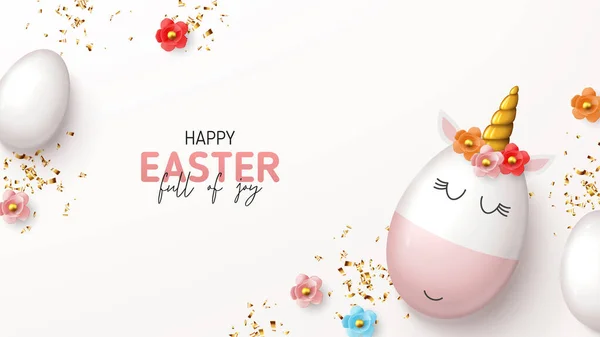 Happy Easter Holiday Banner Cute Unicorn Egg Gold Horn White — Stock Vector