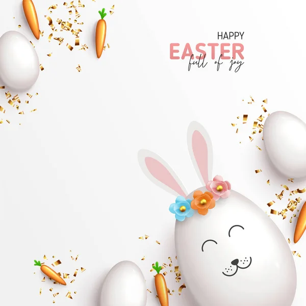 Праздником Пасхи Милый Кролик Яйца Цветными Цветами Белыми Яйцами Морковью — стоковый вектор