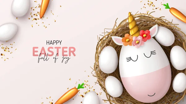 Happy Easter Holiday Banner Cute Unicorn Egg Gold Horn Nest — Stock Vector
