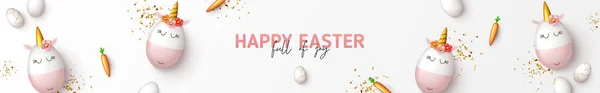 Happy Easter Horizontal Banner Cute Unicorns Eggs Gold Horns White — Stock Vector