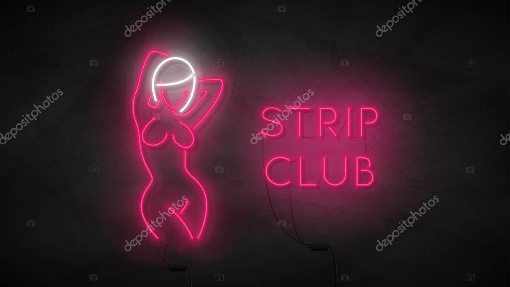 Striptease club neon sign. Neon silhouette of naked girl. Bright label with woman body. Strip bar concept icon isolated on dark concrete wall. Vector illustration. Adult show.