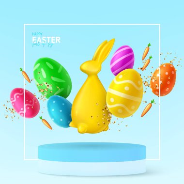 Mutlu Paskalyalar. Paskalya süslemeli yumurtalar, tavşanlar, havuçlar ve çerçeveli konfeti. 3D dekoratif nesnelerle vektör illüstrasyonu. Tatil ilanı, kart, kapak, afiş.