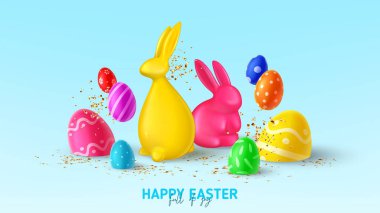 Paskalya bayrağınız kutlu olsun. Paskalya süslemeli renkli yumurtalar, tavşanlar ve altın konfeti. 3D dekoratif nesnelerle vektör illüstrasyonu. Tatil ilanı, kart, kapak, broşür..