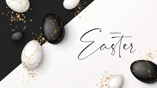 Feliz Banner Pascua Vista Superior Sobre Huevos Blancos Negros Con — Vector de stock