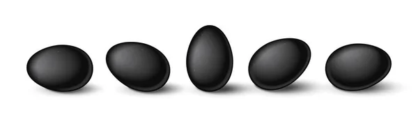 一套白色背景的现实的黑蛋 现实的蛋在不同的位置 复活节设计中带有3D装饰物的矢量图解 — 图库矢量图片