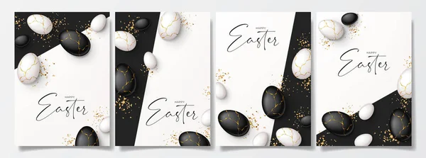 Conjunto Carteles Feliz Pascua Vista Superior Sobre Huevos Blancos Negros — Vector de stock