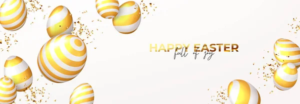 Mutlu Paskalya Bayrağı Altın Çizgili Beyaz Yumurtalar Altın Konfeti Dekoratif — Stok Vektör