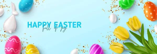 Happy Easter Horizontal Banner Top View Color Eggs Easter Decoration — Stock Vector