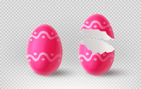 Arkaplanda pembe çatlamış yumurta izole edilmiş. Gerçekçi yumurta kabukları. Paskalya tasarımı için 3d dekoratif nesneyle vektör illüstrasyonu.
