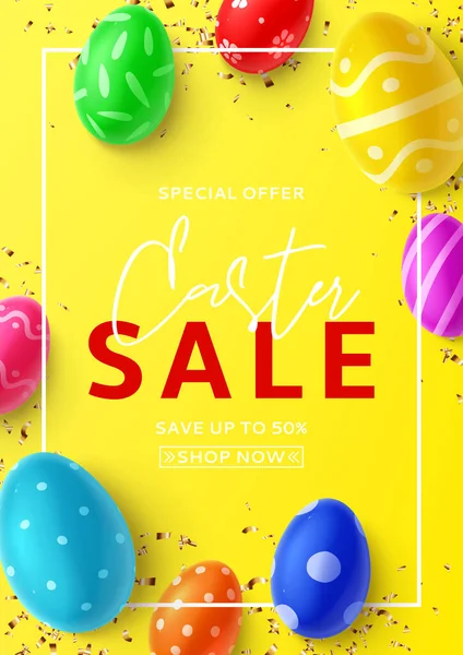 Cartel Venta Pascua Vista Superior Sobre Huevos Color Con Decoración — Vector de stock