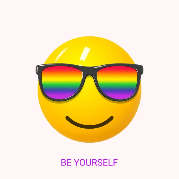 プライド月間グリーティングカード 3D面白い笑顔でプライド月間のためのバナーLgbtqイベントのデザインのための目に虹のサングラスを持つ絵文字 人権と寛容の概念 ベクターイラスト — ストックベクタ