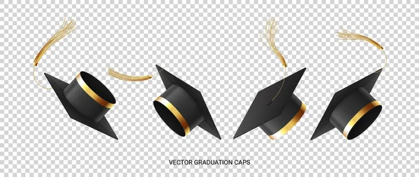 Padající Promoční Čepice Vzduchu Vektorová Ilustrace Černými Akademickými Klobouky Zlatým — Stockový vektor