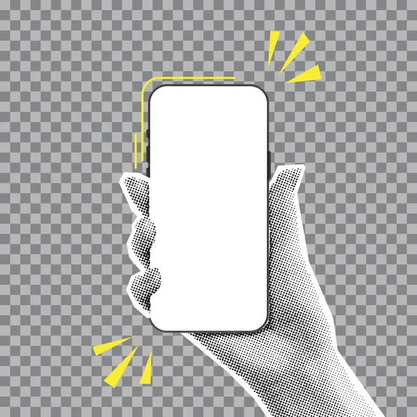 Mockup Smartphone Halftone Hand Vector Illustration Hand Holding Phone Blank — Stock Vector