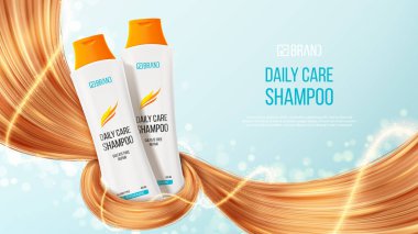 Gerçek bir saç şampuanı ya da saç kremi reklamı. Kozmetik ürünün 3 boyutlu vektör çizimi. Kadın şampuanının tanıtımı için gerçekçi şişeler ve saç telleri. Güzellik ürünleri reklamı.