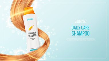 Saç şampuanı ya da saç kremi reklamı. Kozmetik ürünün 3 boyutlu vektör çizimi. Kadın şampuanının tanıtımı için gerçekçi bir şişe ve saç teli. Güzellik ürünleri reklamı.