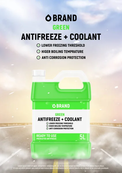 Kühlmittel Oder Frostschutzmittel Werbeplakat Realistische Vektorillustration Mit Flaschen Kühl Oder — Stockvektor