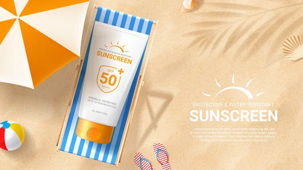 Sonnenschutz Werbebanner Vorlage Banner Mit Sonnenschutzrohr Auf Strandkorb Auf Sand — Stockvektor