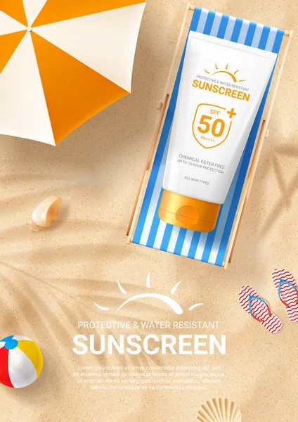 Sonnencreme Werbeplakat Vorlage Flyer Mit Sonnenschutzrohr Auf Strandkorb Auf Sand — Stockvektor