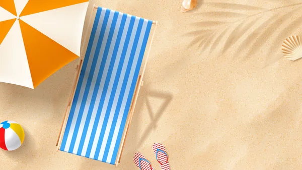 日焼け止め広告バナーテンプレート フリップフロップ ビーチの傘とボールと砂の上にビーチチェアの日焼け止めのチューブとバナー 夏の商品のプロモーションのためのベクター3D広告イラスト — ストックベクタ