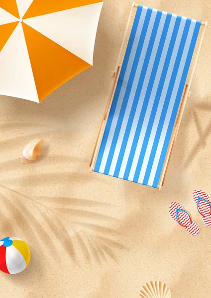 夏季海滩的病媒海报 带着沙滩椅子的传单 上面有贝壳 翻筋斗 海滩伞和球 推广夏季商品的矢量3D广告说明 — 图库矢量图片