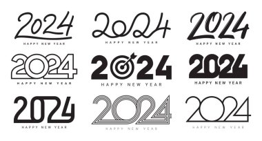 Mutlu yıllar 2024 logoları. Beyaz zemin üzerinde 2024 siyah sayılı vektör çizimi. Yeni yıl tatil logoları şablonu. 2024 mutlu yeni yıl sembolleri koleksiyonu