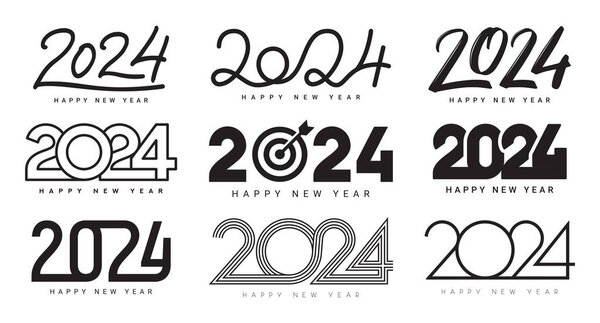 Conjunto Feliz Año Nuevo 2024 Logos Diseño Ilustración Vectorial Con — Vector de stock