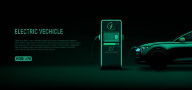 Şarj istasyonu ve EV arabası olan bir pankart. Elektrikli arabanın ve şarj istasyonunun ön kısmının yeşil silueti olan vektör çizimi. Çevre dostu enerji kavramı. Modern hibrit otomatiğe sahip pankart.