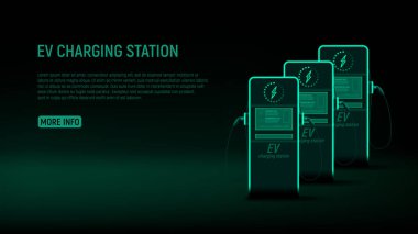 EV şarj istasyonu konsepti. EV arabalar için yeşil parlayan elektrik şarj istasyonu olan vektör çizimi. Çevre dostu enerji kavramı.