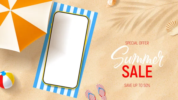 夏季销售广告横幅模板 横幅与智能手机沙滩毛巾和沙子与伞 贝壳和充气球 推广夏季商品的矢量3D广告说明 — 图库矢量图片