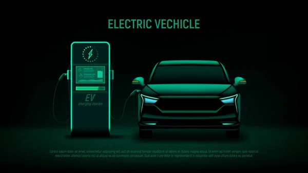 电动车在充电站 用电动车和充电站的绿色轮廓来描述矢量 生态友好型可持续能源概念 带有现代混合动力汽车的横幅 — 图库矢量图片
