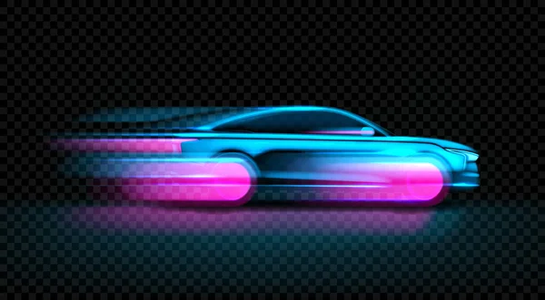 ネオン輝くスポーツカーのシルエットを移動させるテンプレート チェックされた背景に独立した輝くシルエットを持つ高速移動車のサイドビューとベクトルイラスト 電気自動車の概念 — ストックベクタ