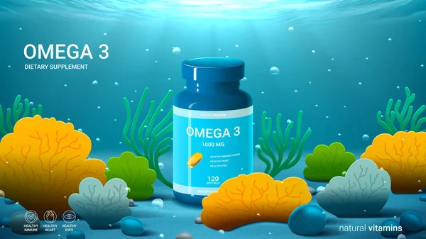 魚油広告のテンプレート サンゴ 気泡を水中でサプリメントのボトルでオメガ3サプリメントの広告のベクトルイラスト 栄養補助食品の広告モックアップ — ストックベクタ